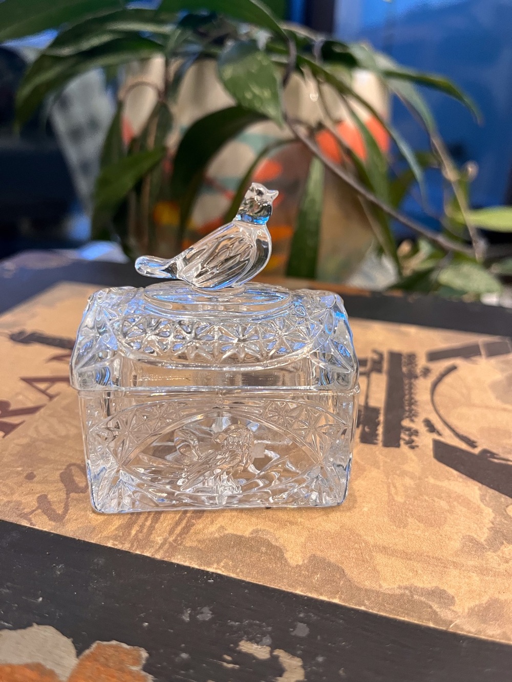Tiny Crystal lidded box with sitting bird